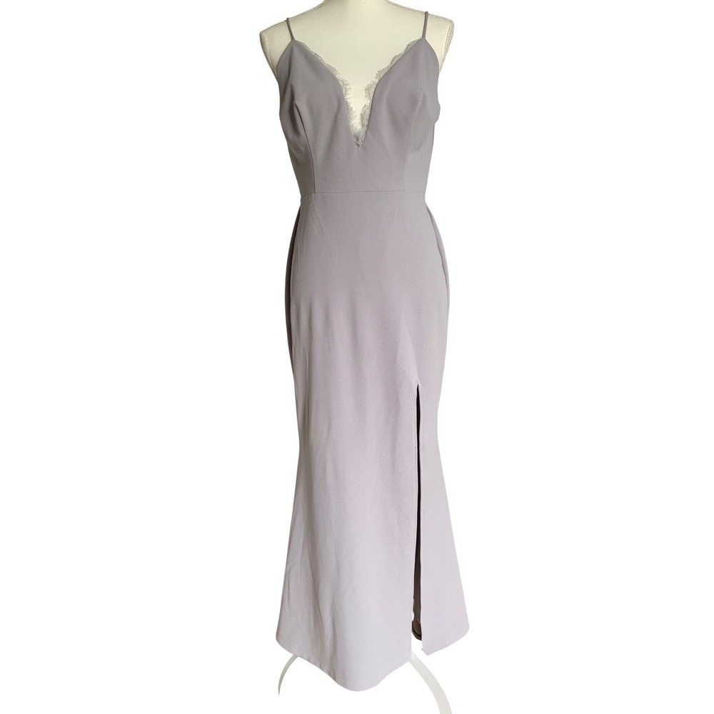 Katie May Saylor Gray Lace Trim Maxi Gown Slit Formal Wedding Dress Size 12 - Picture 2 of 7
